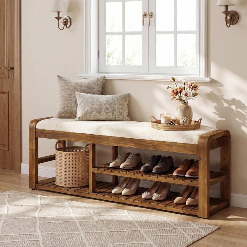 55" Upholstered Bench/Shoe Rack, 3-Tier Solid Wood Entryway Shoe ...